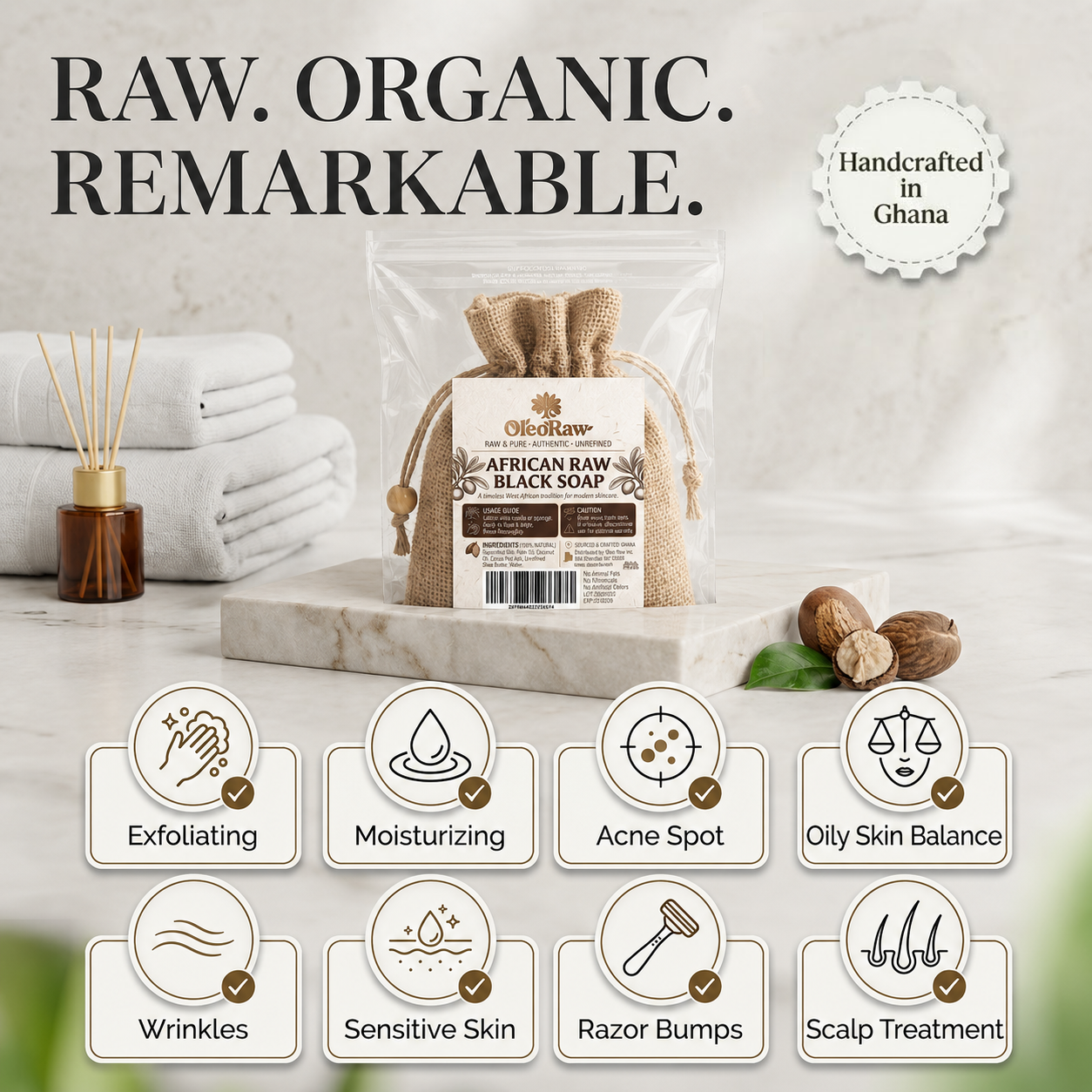 100% Pure Raw African Black Soap – Unrefined & Organic – Traditional Natural Cleanser for Skin & Hair (8oz/16oz/32oz)