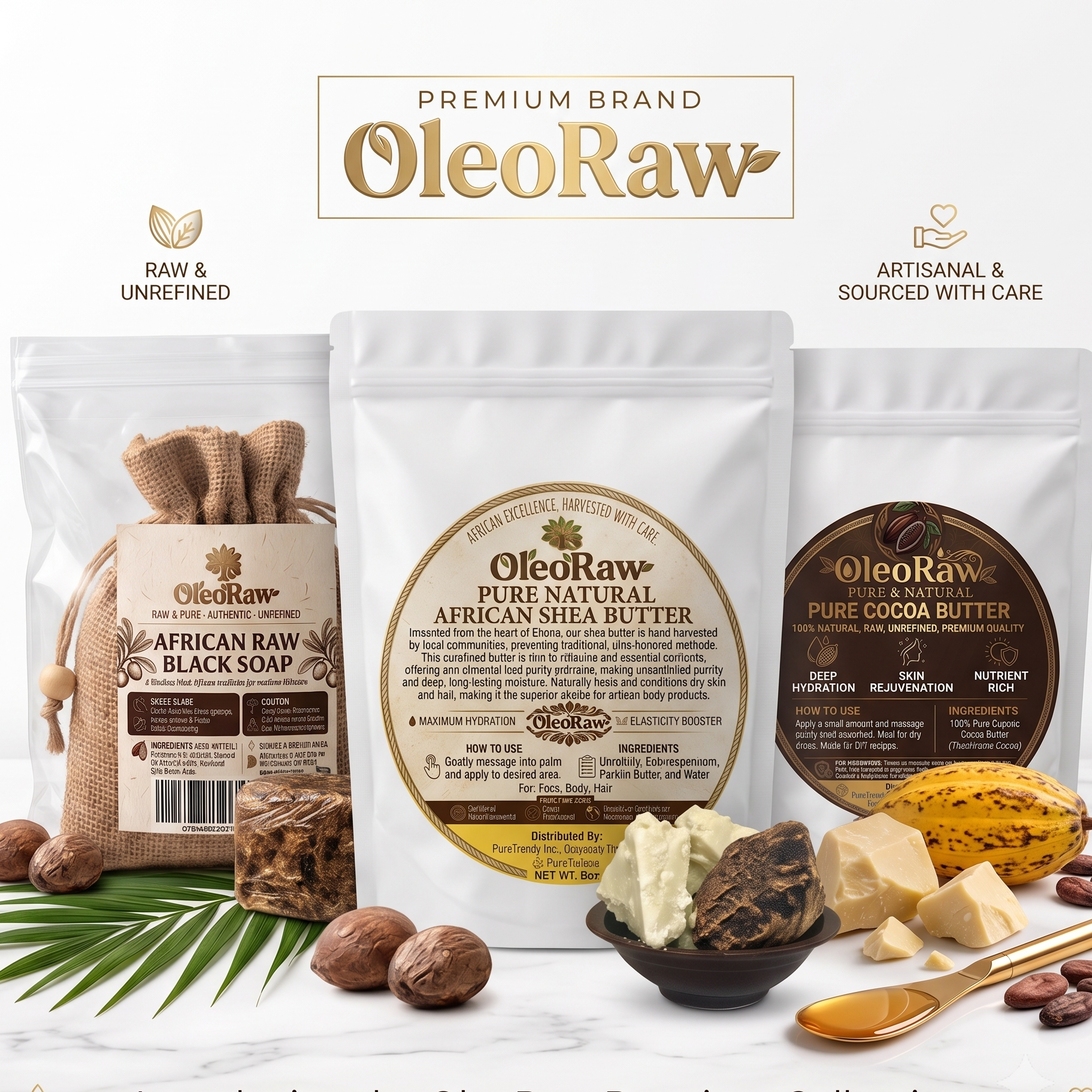 OleoRaw Premium Collection skincare set featuring three white pouches of African Raw Black Soap, Pure Natural African Shea Butter, and Pure Cocoa Butter, styled with ingredients like palm leaves, cocoa beans, and a small bowl of cream on a white marble background.